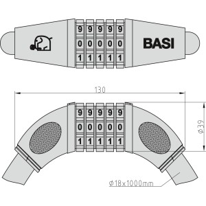 Abbildung des Basi Boden-Wandankers BWA 110 mit Panzerkabel ZR 308, Details zu Maßen und Zahlenkombination.