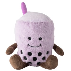 Warmies Wärmestofftier Bubble Tea, lila, mit Gesicht und braunen Details.