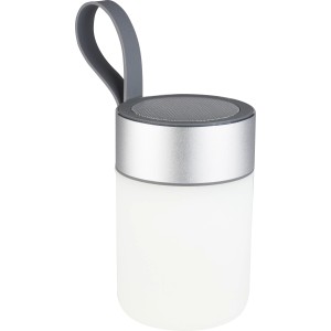 LED-Tischleuchte mit Bluetooth-Lautsprecher, Kunststoffgehäuse, Tragegriff, für den Außenbereich.