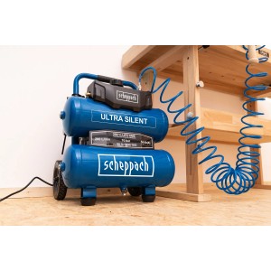 Scheppach Ultra Silent HC20Si Twin Kompressor mit zwei Tanks und blauem Gehäuse.