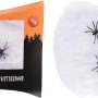 Spinnennetz dehnbar aus Nylon mit zwei schwarzen Spinnen für Halloween Deko.