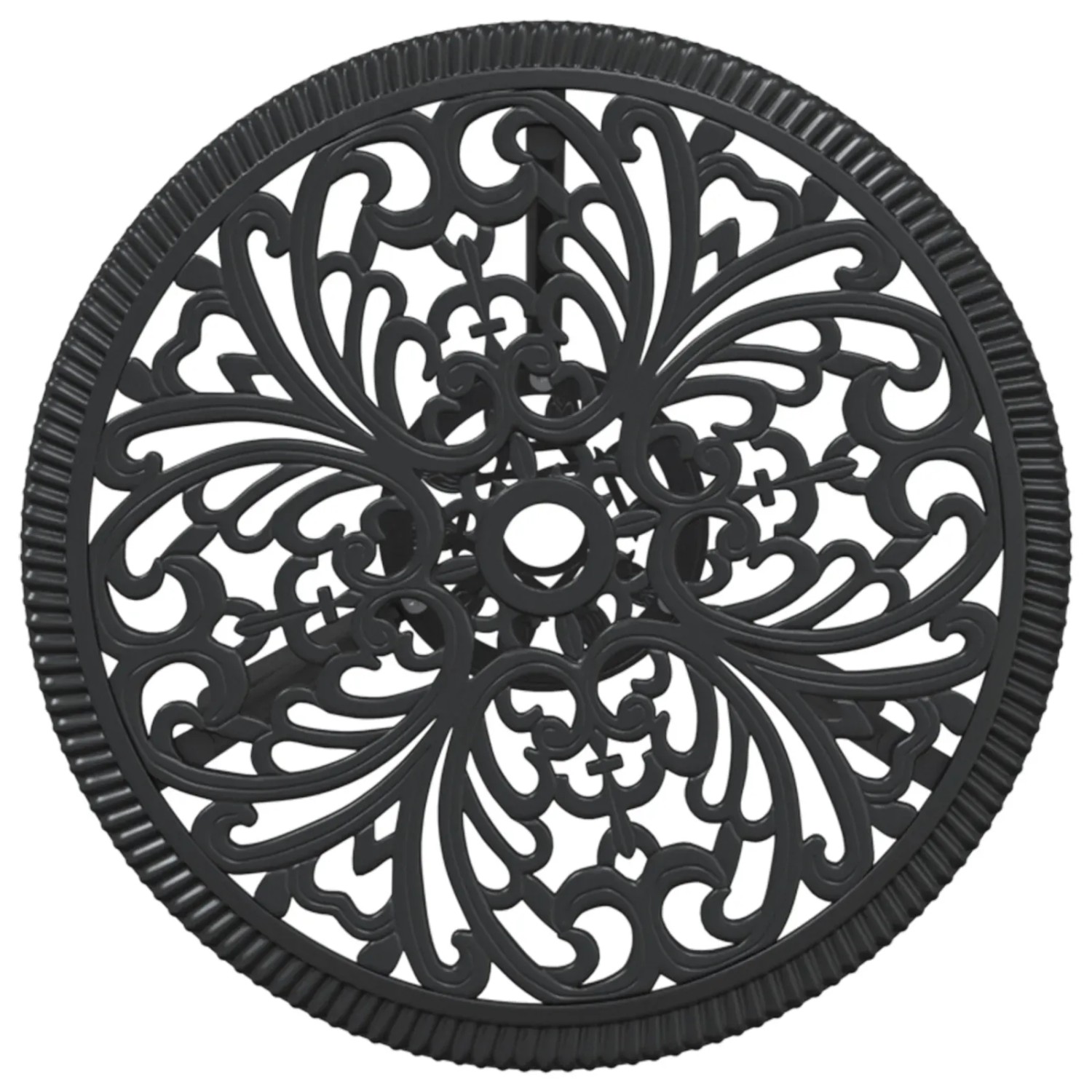 Detailansicht Tischplatte des schwarzen vidaXL Garten Bistro Sets aus Aluminium mit filigranem Muster.