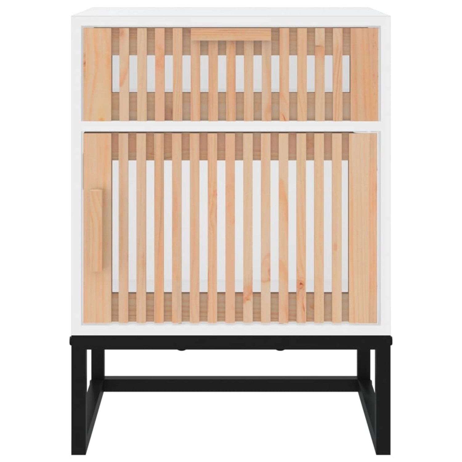 Weißer vidaXL Nachttisch (40x30x55,5 cm) mit Schublade, Tür und schwarzen Metallfüßen.