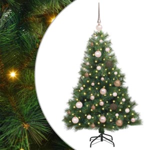 Grüner künstlicher Weihnachtsbaum, 120 cm, mit warmweißen LEDs, rosa/goldenen Kugeln und Spitze, auf Ständer.
