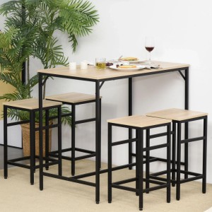 5-teiliges HOMCOM Bartisch-Set Eiche Schwarz. Rechteckiger Tisch mit 4 Hockern im Industrial-Stil, gedeckt.