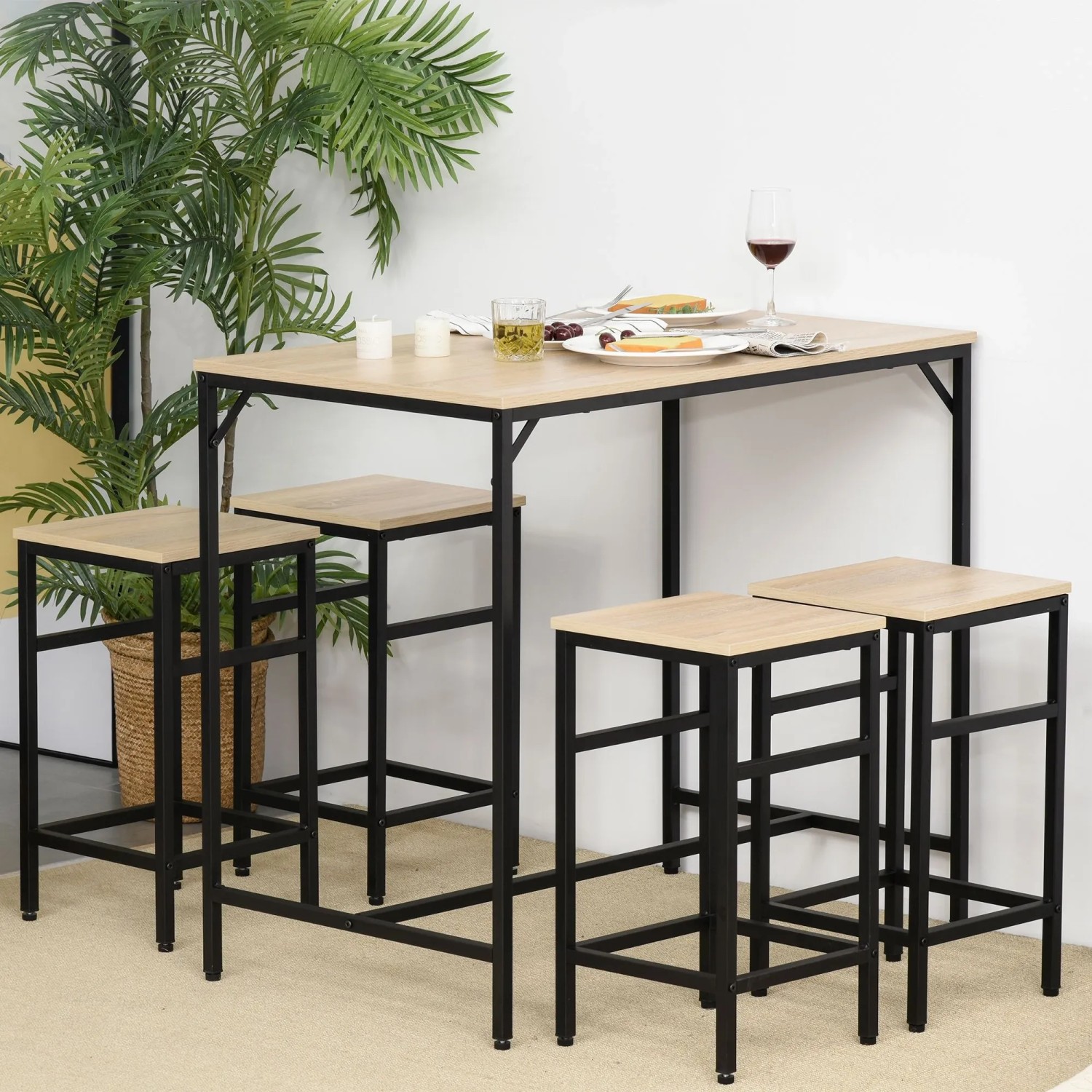5-teiliges HOMCOM Bartisch-Set Eiche Schwarz. Rechteckiger Tisch mit 4 Hockern im Industrial-Stil, gedeckt.