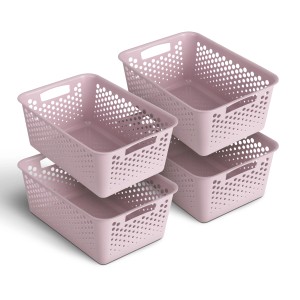 Vier rosa ProHome Aufbewahrungskörbe, 10L, stapelbar, für Badaccessoires und mehr.