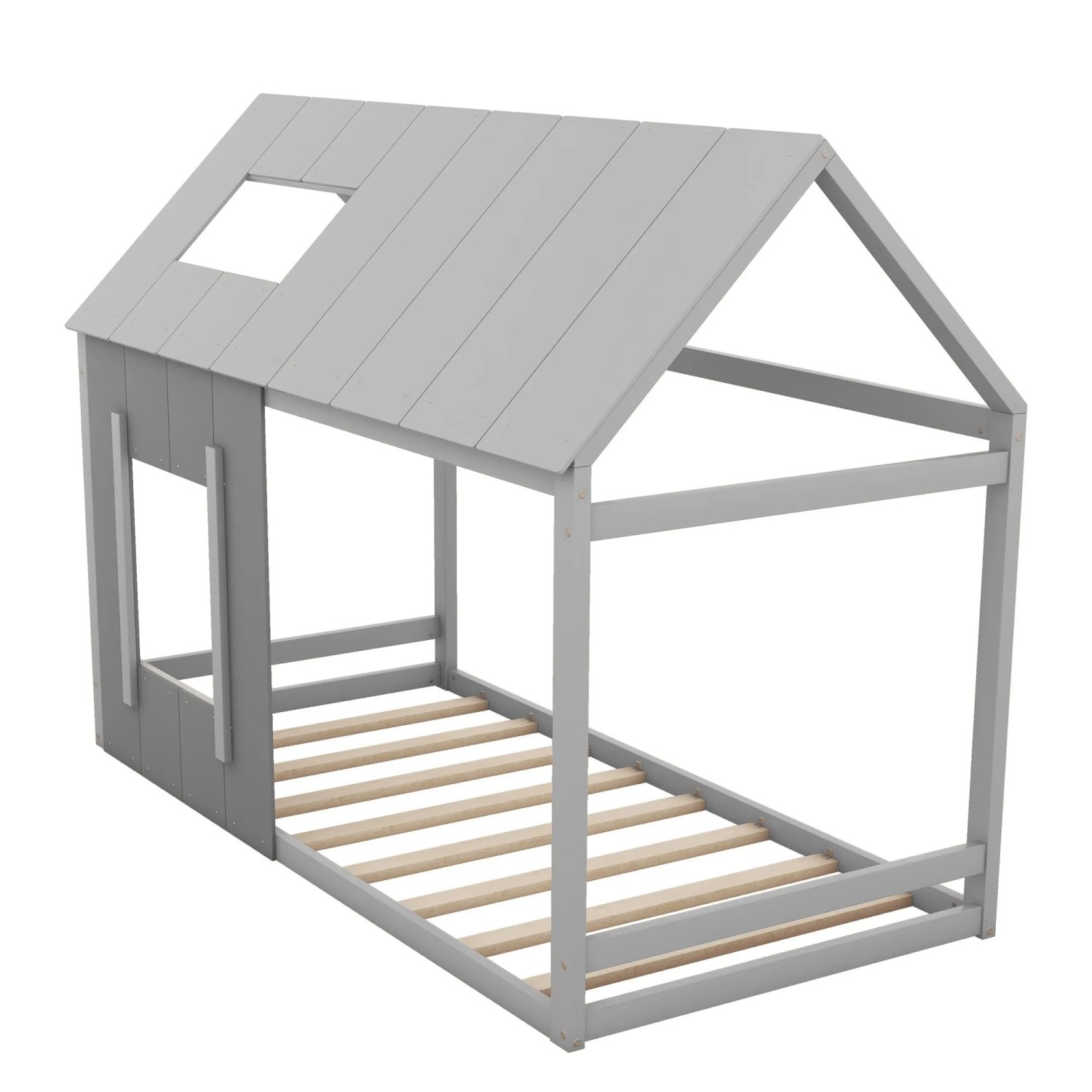 KOMHTOM Kinderbett 90x200Cm In Hausfürm Einzelhaus-Flachbett Mit Dach Und Fenster Dunkelgrau+Hellgrau Ohne Matratze KOMHTOM Kinderbett 90x200Cm In Hausform Einzelhaus-Flachbett Mit Dach Und Fenster Dunkelgrau+Hellgrau Ohne Matratze