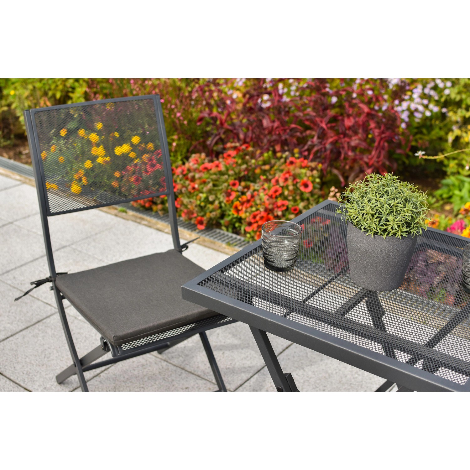 Merxx Samos Balkonmöbel-Set: Klapptisch (60x60 cm) und Stuhl mit Kissen, Stahlgestell graphit.