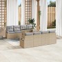 Beiges 9-teiliges vidaXL Garten-Sofa-Set aus Poly Rattan mit Tisch und grauen Kissen.