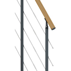 Detailansicht Dolle Mittelholmtreppe Basel: Geländer mit Holzhandlauf und Edelstahlstäben.