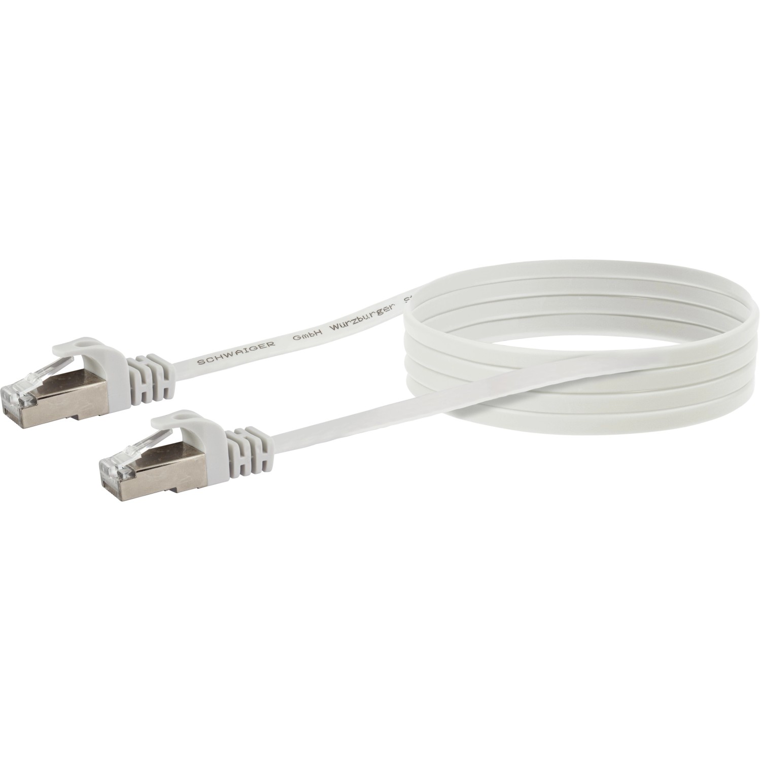 Weißes Schwaiger CAT-6-Netzwerkflachkabel (10 m) mit RJ45-Steckern für Netzwerkverbindungen.