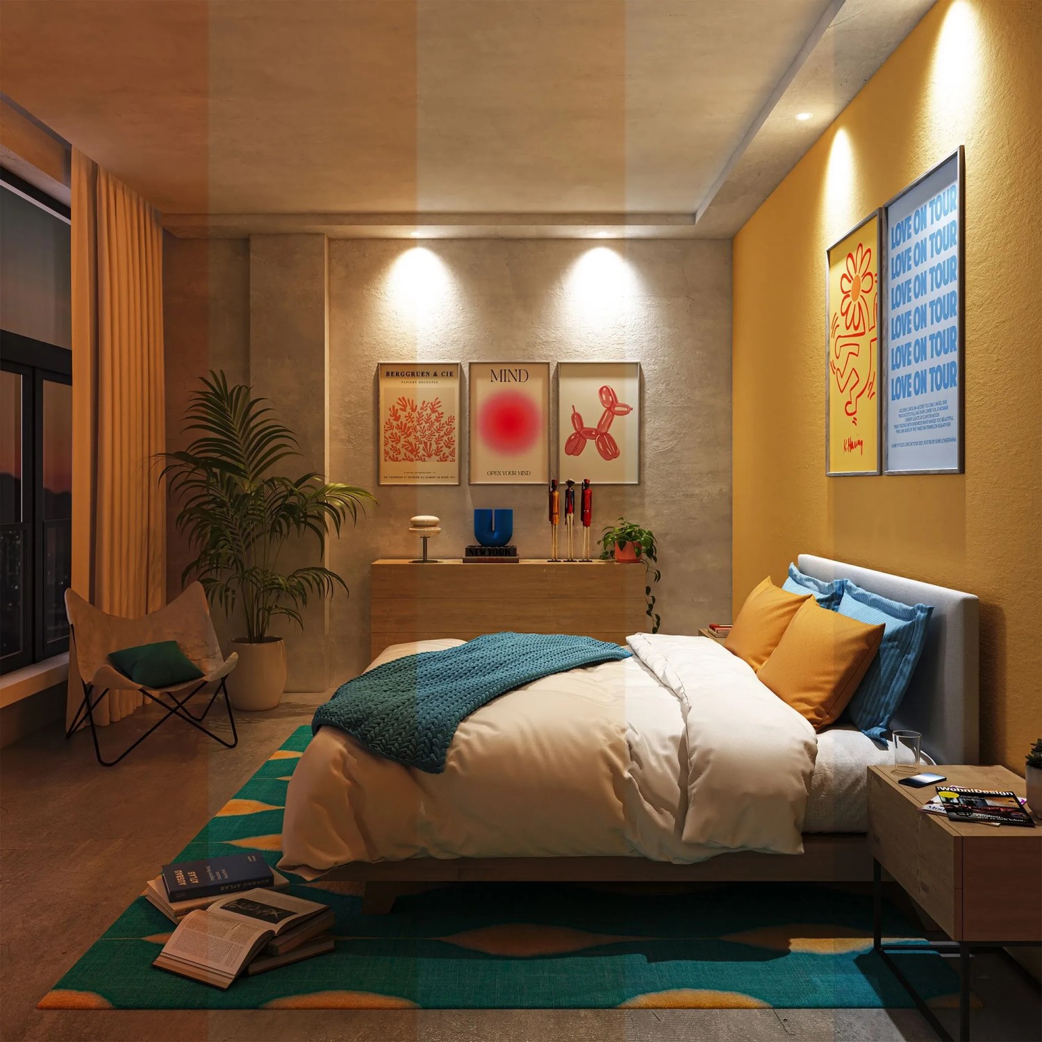 Philips Smart-LED-Leuchtmittel GU10 Set in Schlafzimmer, zeigt verschiedene Lichtstimmungen von warm bis kühlweiß. Smarte RGB-Beleuchtung.