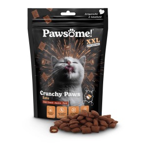 Pawsome Crunchy Paws Ente, 150g Katzenleckerli im schwarzen XXL-Beutel mit Leckerli-Häufchen.
