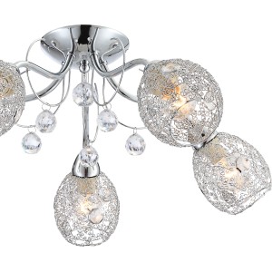 Chromfarbene Globo Deckenleuchte KORDULA mit Chromgeflecht, Glaskristallen und Acrylbehang.