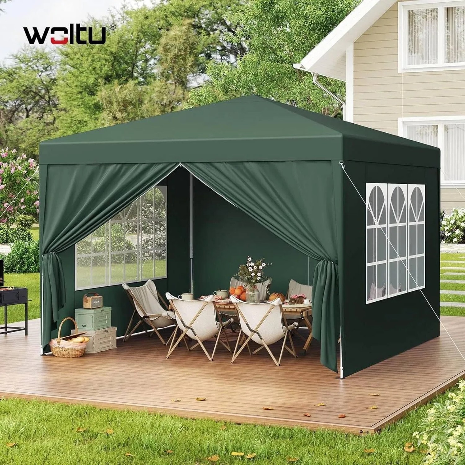 Grüner WOLTU Pop-Up Pavillon 3x3m, wasserdichtes Pagodenzelt für Garten & Camping.