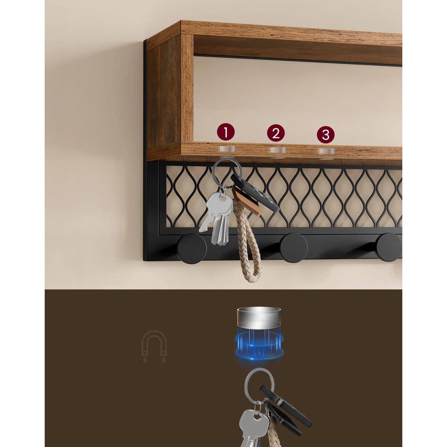 Songmics Wandgarderobe mit Schuhbank, braun-schwarz, 2-teilig, mit Haken und Ablage.