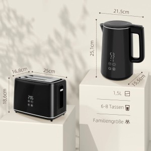 HOMCOM Wasserkocher-Toaster-Set in Schwarz mit Edelstahl-Akzenten, Maße: 21,5 x 15,5 x 25,1 cm.