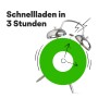 Symbolbild: Akku-Ladegerät lädt in 3 Stunden. Analoge Uhr mit grünem OBI Logo statt Ziffernblatt.