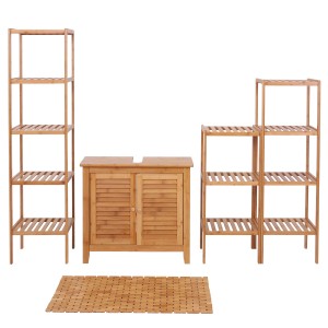 MCW Badezimmerset B18 aus Bambus mit Badregalen, Waschbeckenunterschrank und Badematte.