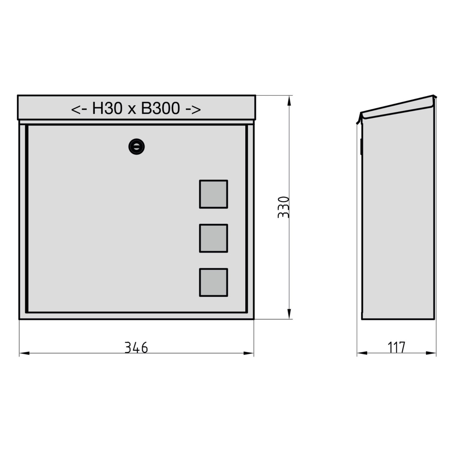 Abbildung des Basi Briefkasten BK 350M in Matt Anthrazit mit Maßangaben.