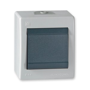 Aling-Conel Aufputz Kreuzschalter, grau, IP44. Wippschalter für Feuchtraum und Außenbereich.