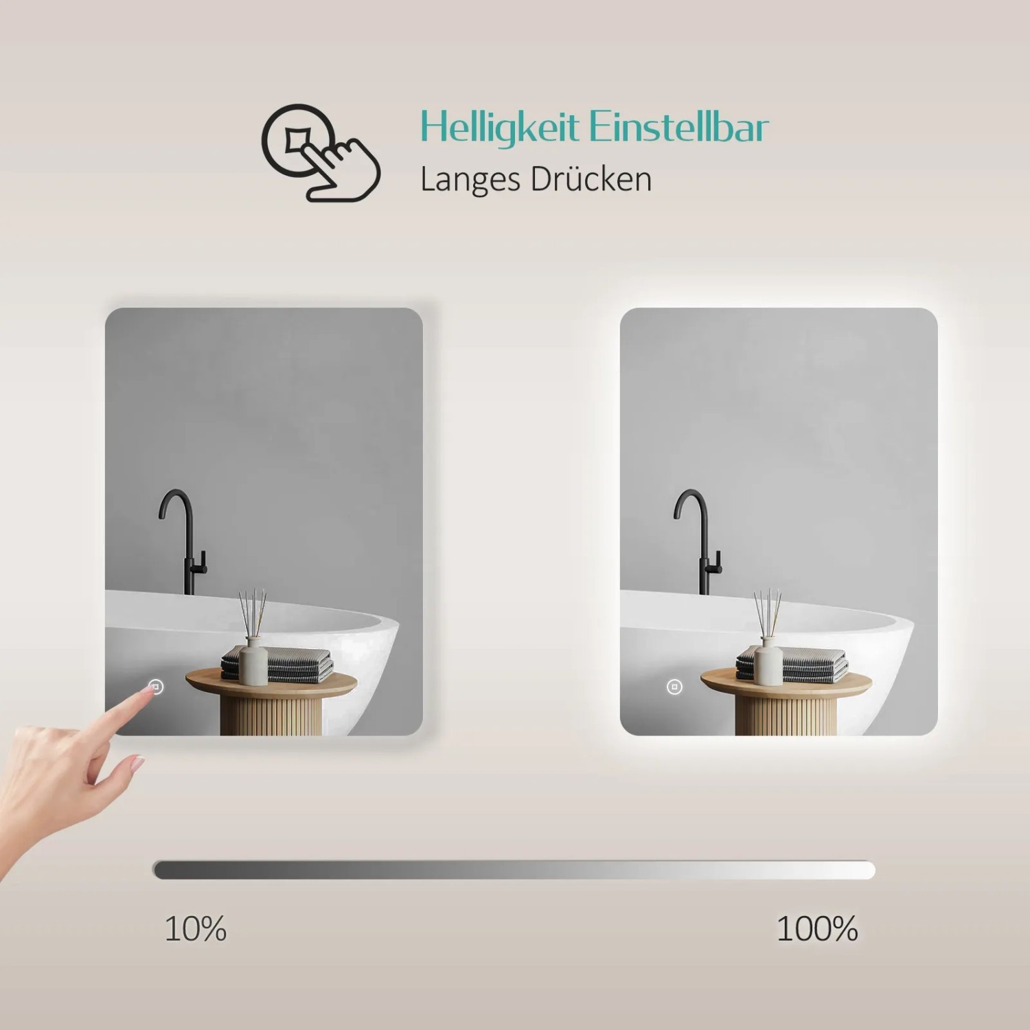 Emke Badspiegel LED 70x50 cm mit Touch-Schalter und Antibeschlag, Helligkeit einstellbar.
