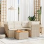 Beige 5-tlg. Garten-Sofagarnitur aus Rattan mit Kissen. Gartenmöbel-Set mit Tisch und Auflagen.