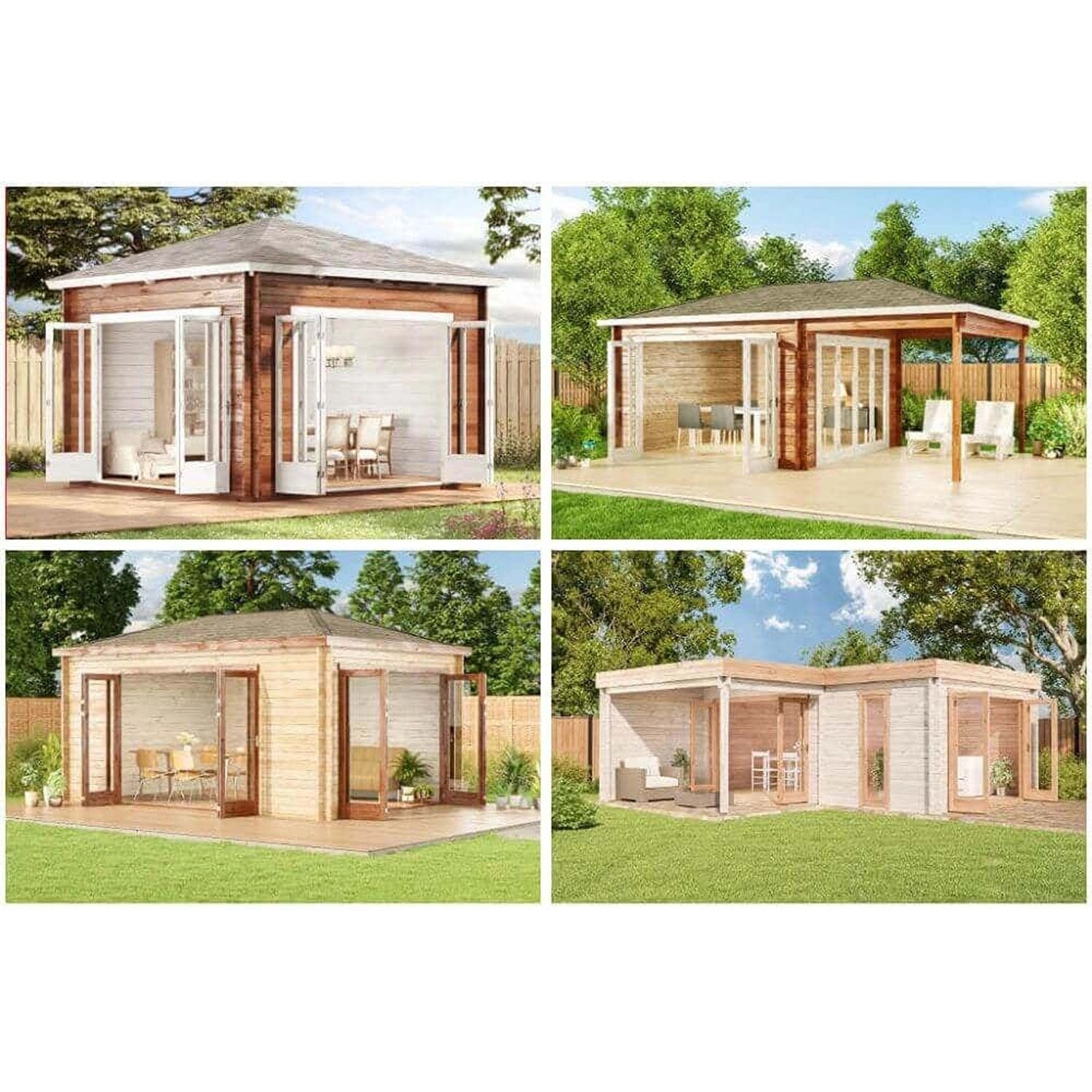 Alpholz Gartenhaus Sunshine mit Walmdach und Anbaudach, verschiedene Ansichten.