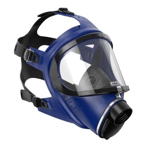 Blaue Dräger X-plore 6570 Vollmaske aus Silikon mit klarer Polycarbonat-Sichtscheibe und Sprechmembran für Atemschutz.