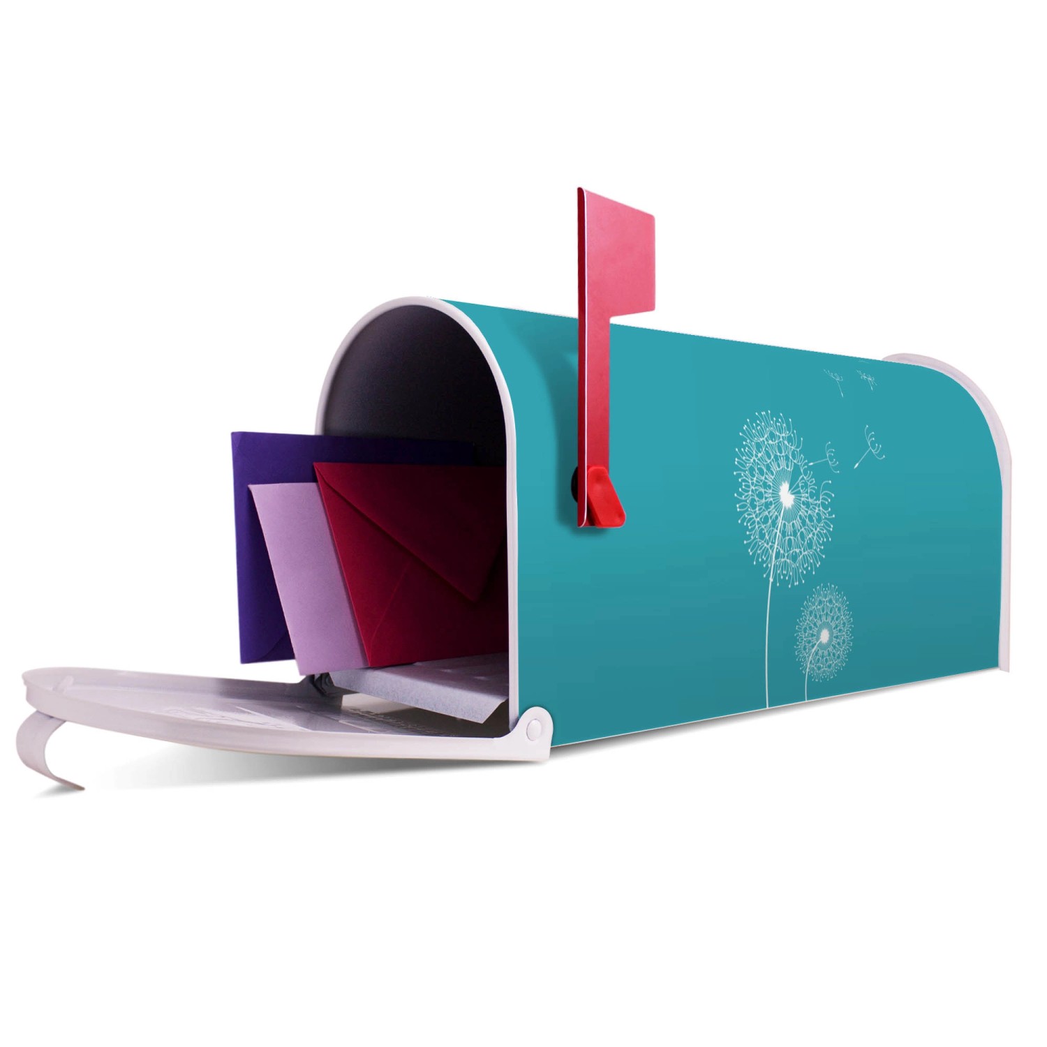 Türkiser Banjado US Briefkasten mit Pusteblumen Motiv, Post liegt bereit.