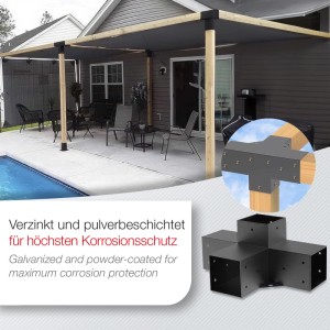 SOTECH Mittelverbinder 90 x 90 mm 4-Wege-Verbinder Vierkant Stahl Verzinkt Schwarz Pulverbeschichtet für Höchsten Korrosionsschutz