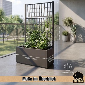 Anthrazitfarbener BigDean Blumenkasten mit Rankgitter, bepflanzt, als Sichtschutz auf Balkon. Maße 80x36x140 cm.