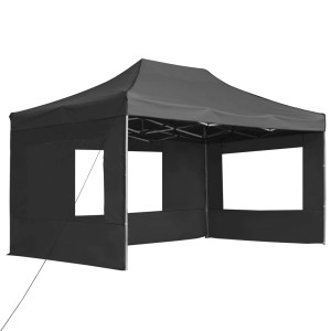 Anthrazitfarbenes, faltbares Profi-Partyzelt 4,5x3m mit Wänden und Aluminiumrahmen.