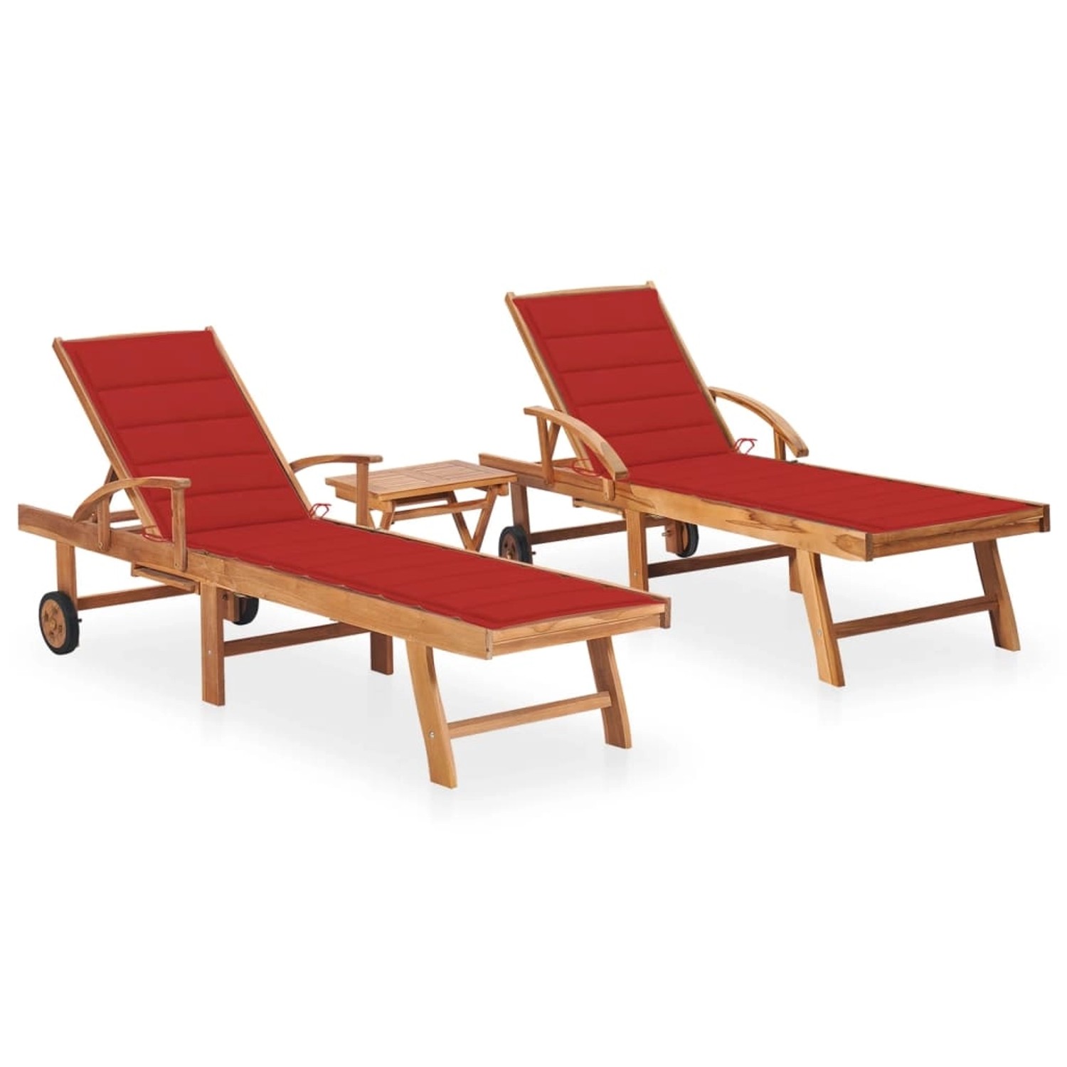 VidaXL Sonnenliegen 2 Stk. mit Tisch und Auflagen Massivholz Teak Polster-Farbe  Rot