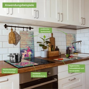 Banjado 2-teilige Herdabdeckplatte aus Glas mit Blumenmotiv als Schneidebrett und Spritzschutz.
