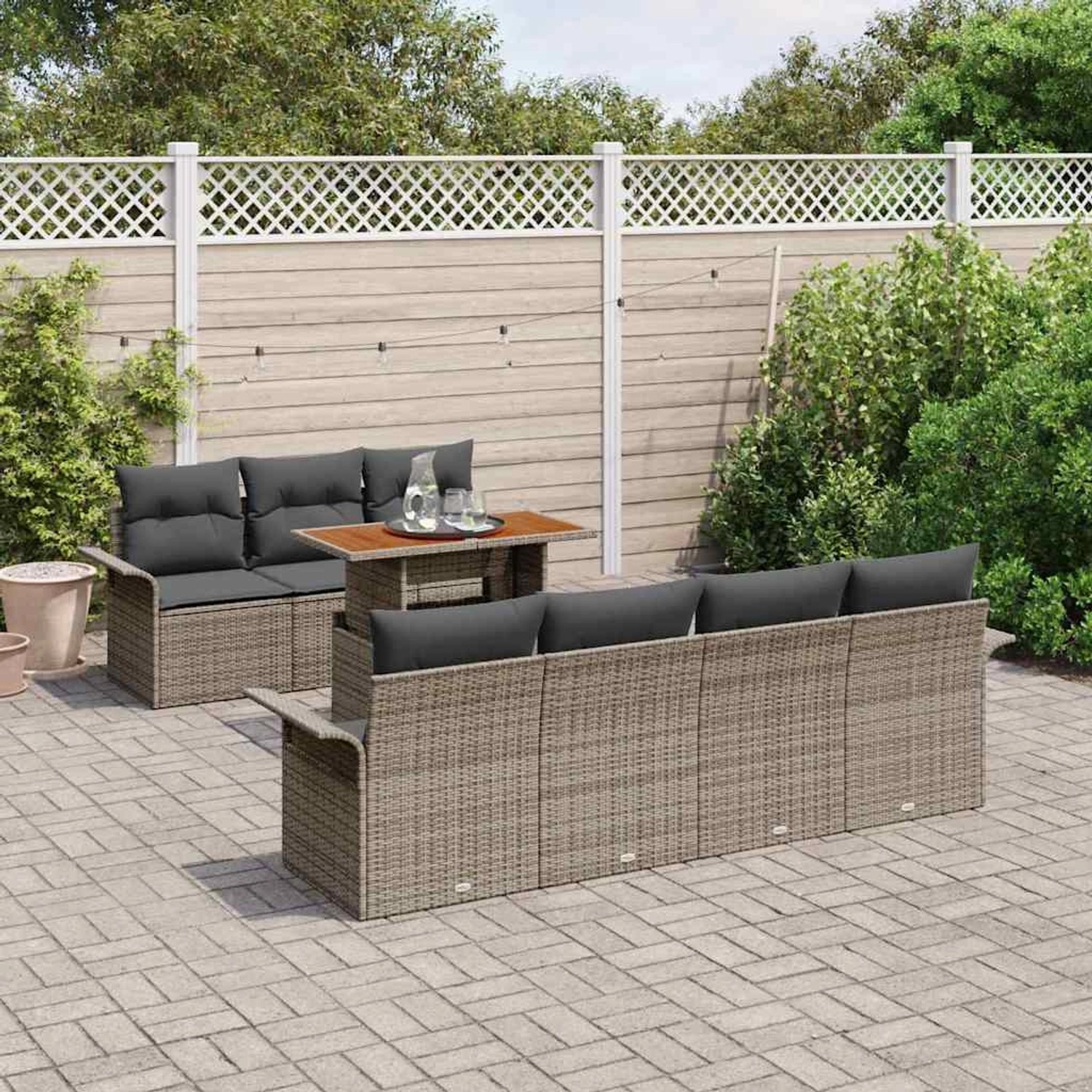 Graues 8-tlg. vidaXL Garten-Sofa-Set aus Poly Rattan mit Tisch und Stauraum.