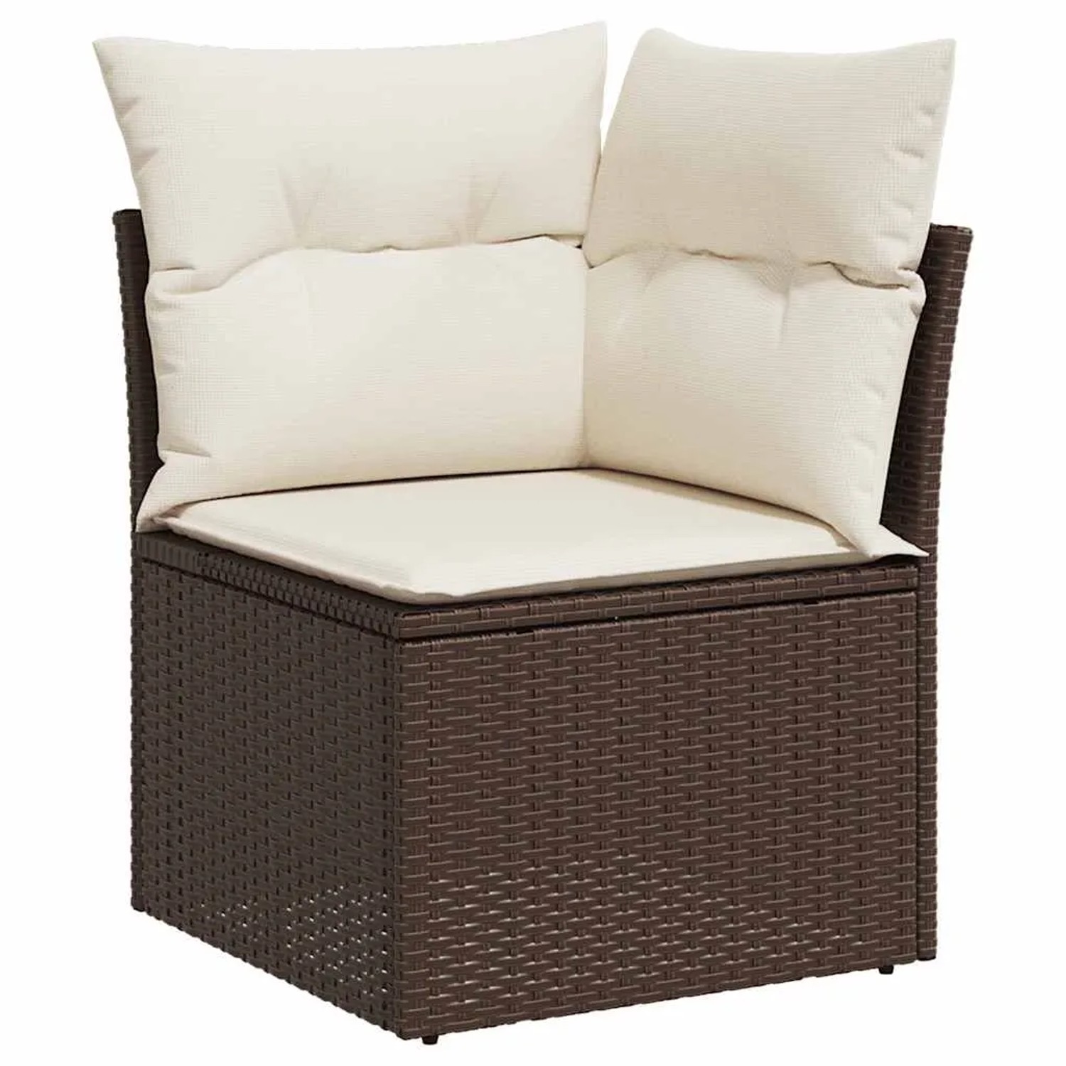 Braunes vidaXL Gartenmöbel Ecksofa aus Rattan mit cremefarbenen Kissen.