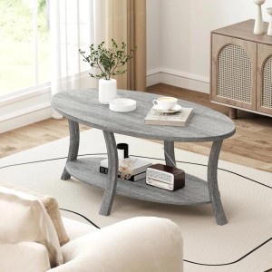 Costway Couchtisch Oval 2-Stöckig 111 x 60,5 x 47 cm Grau