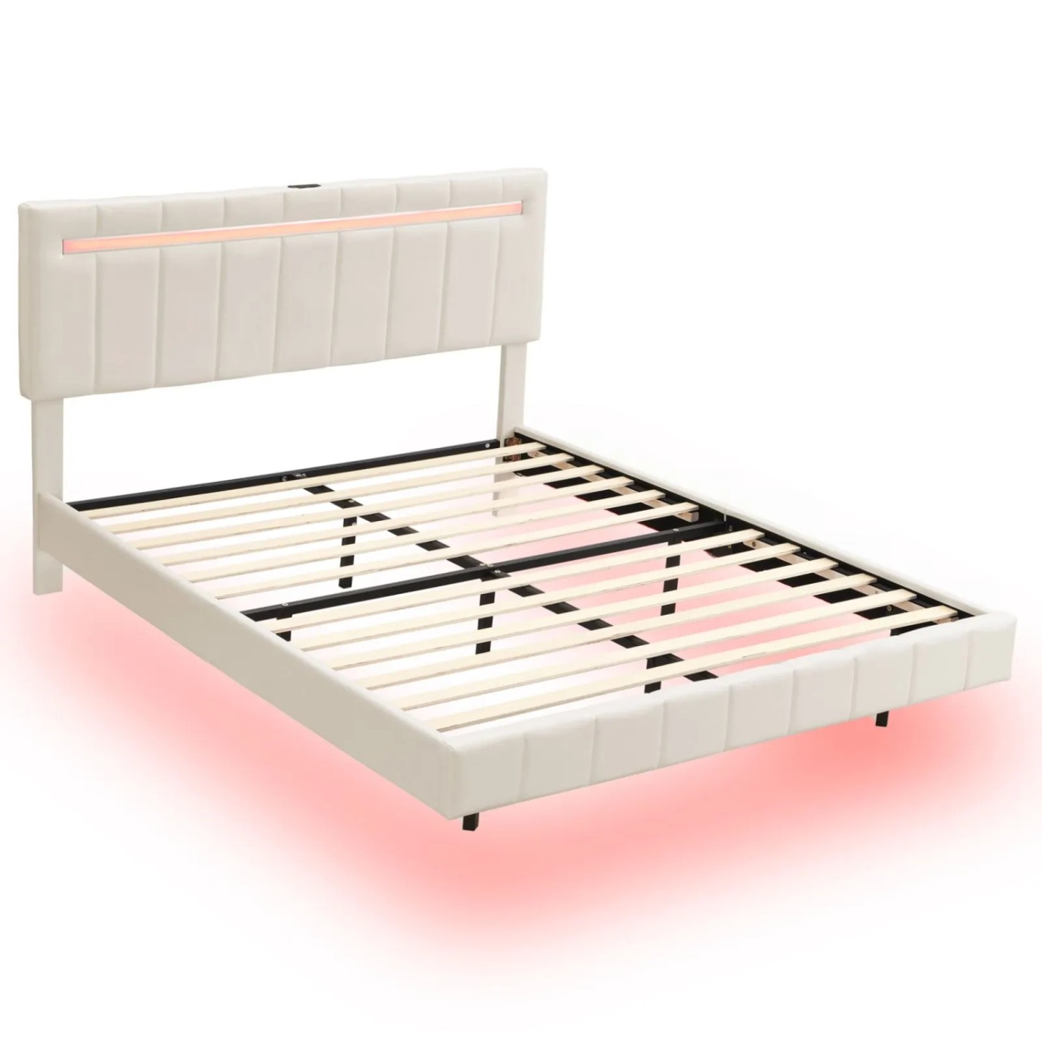 PXloue Polsterbett Beige 160x200-Doppelbett aus Leinen mit LED-Leuchten