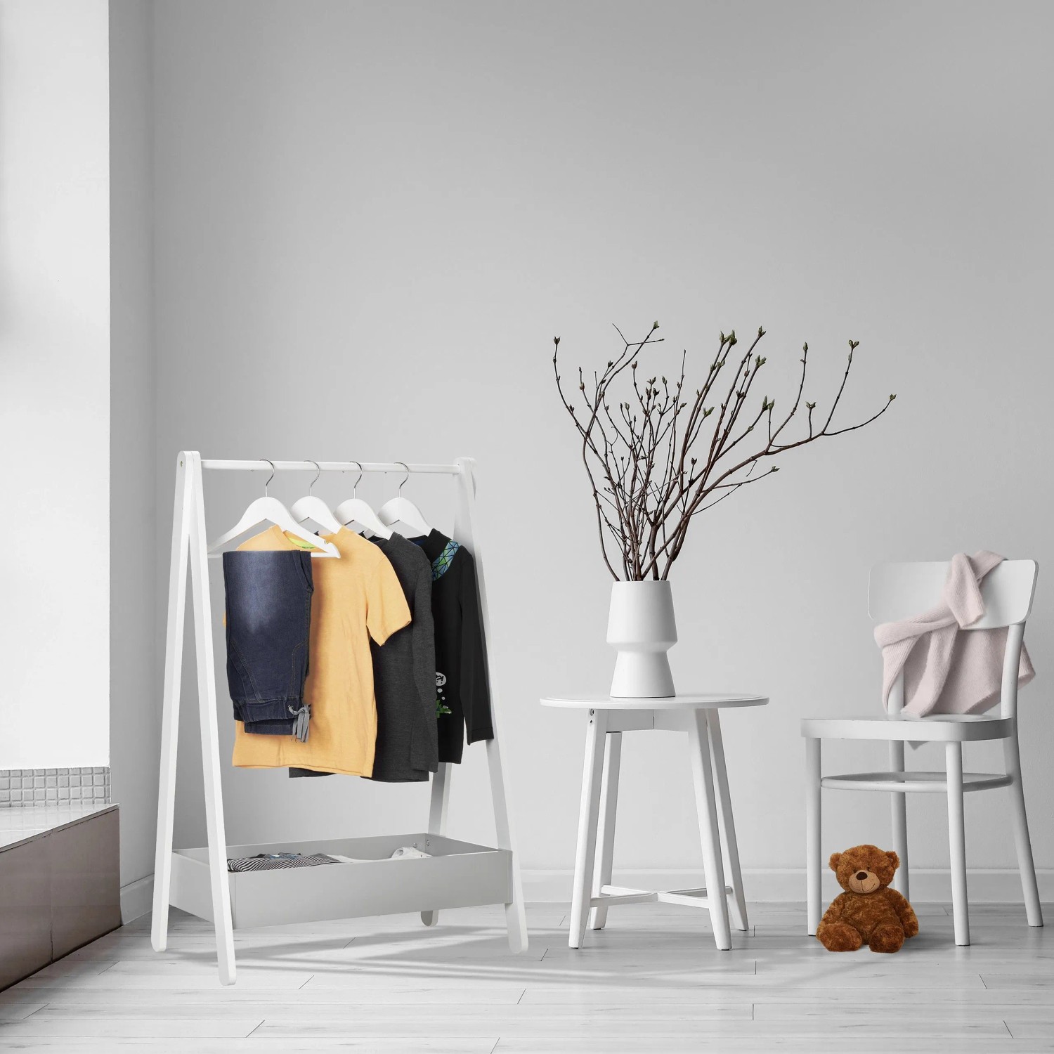 Relaxdays Kleiderständer für Kinder MDF Kiefernholz Weiß Grau Freistehend 99 cm x 63,5 cm x 42 cm 4,9 kg_2