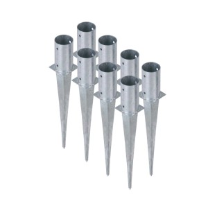 8 silberne, verzinkte HOLLMAX Einschlaghülsen für 81mm Rundpfosten. Spitze Pfostenträger aus Stahl.
