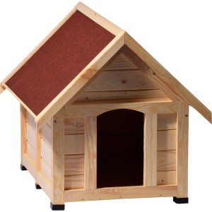 Große, naturbelassene Kiefernholz Hundehütte mit rotem Bitumen-Spitzdach.