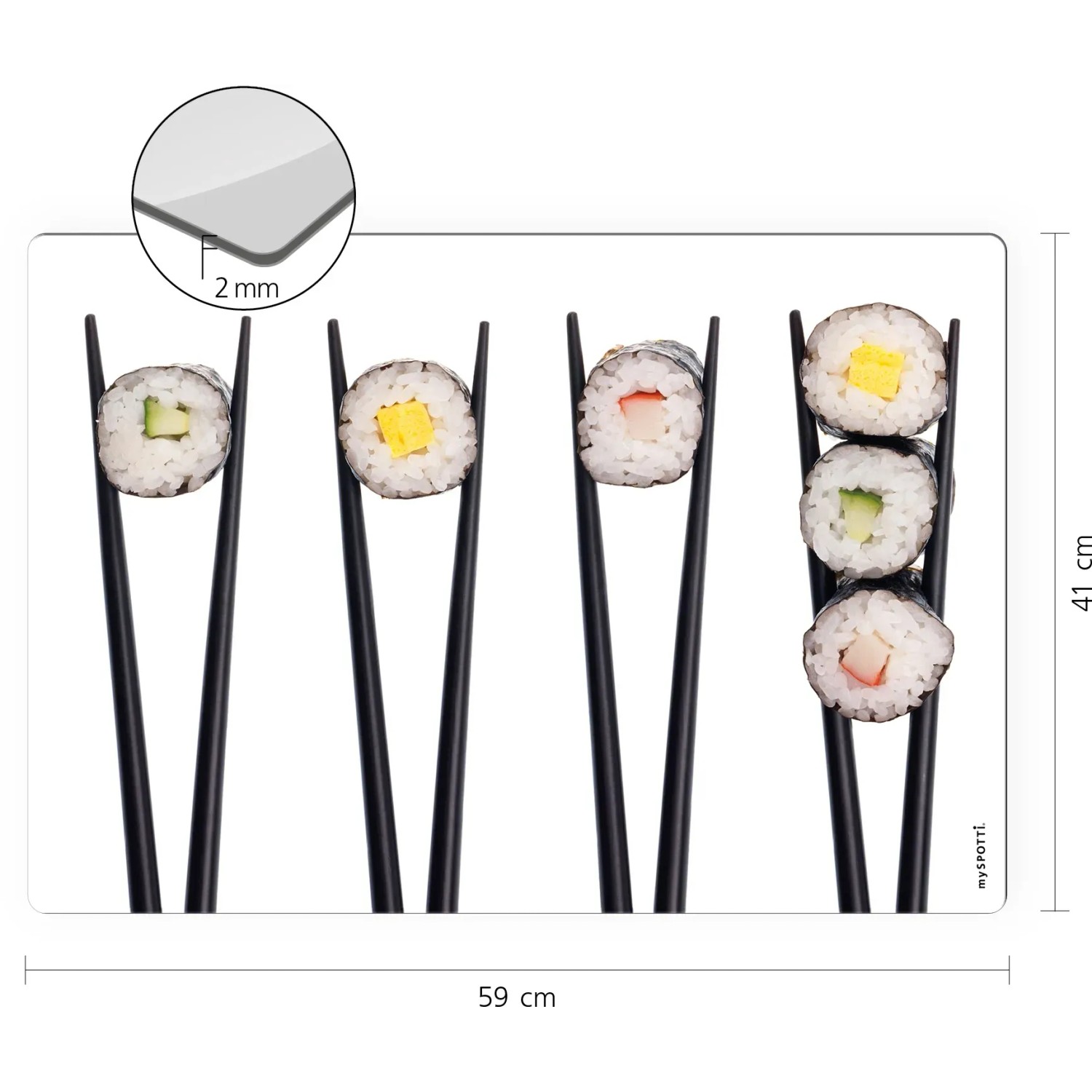 Myspotti Mini-Spritzschutzplatte Sushi Maki, 59x41cm, mit Sushi-Motiv und Essstäbchen. Küchenrückwand für OBI.