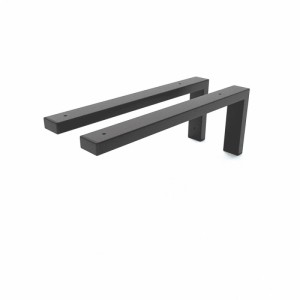 Zwei schwarze HEVVA Waschtischhalterungen aus Metall, 40 cm tief, für Wandmontage von Waschtischen und Regalböden.