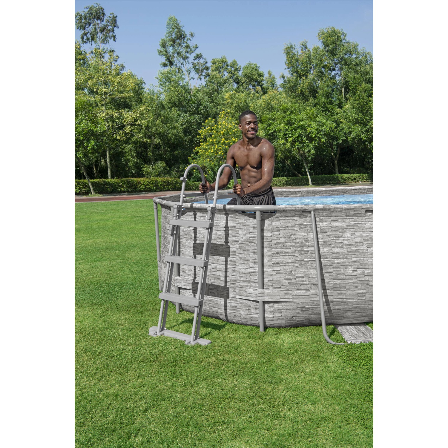 Bestway Stahlrahmenpool Set Power Steel Swim Vista mit Leiter und Poolabdeckung, ovale Form, grau.