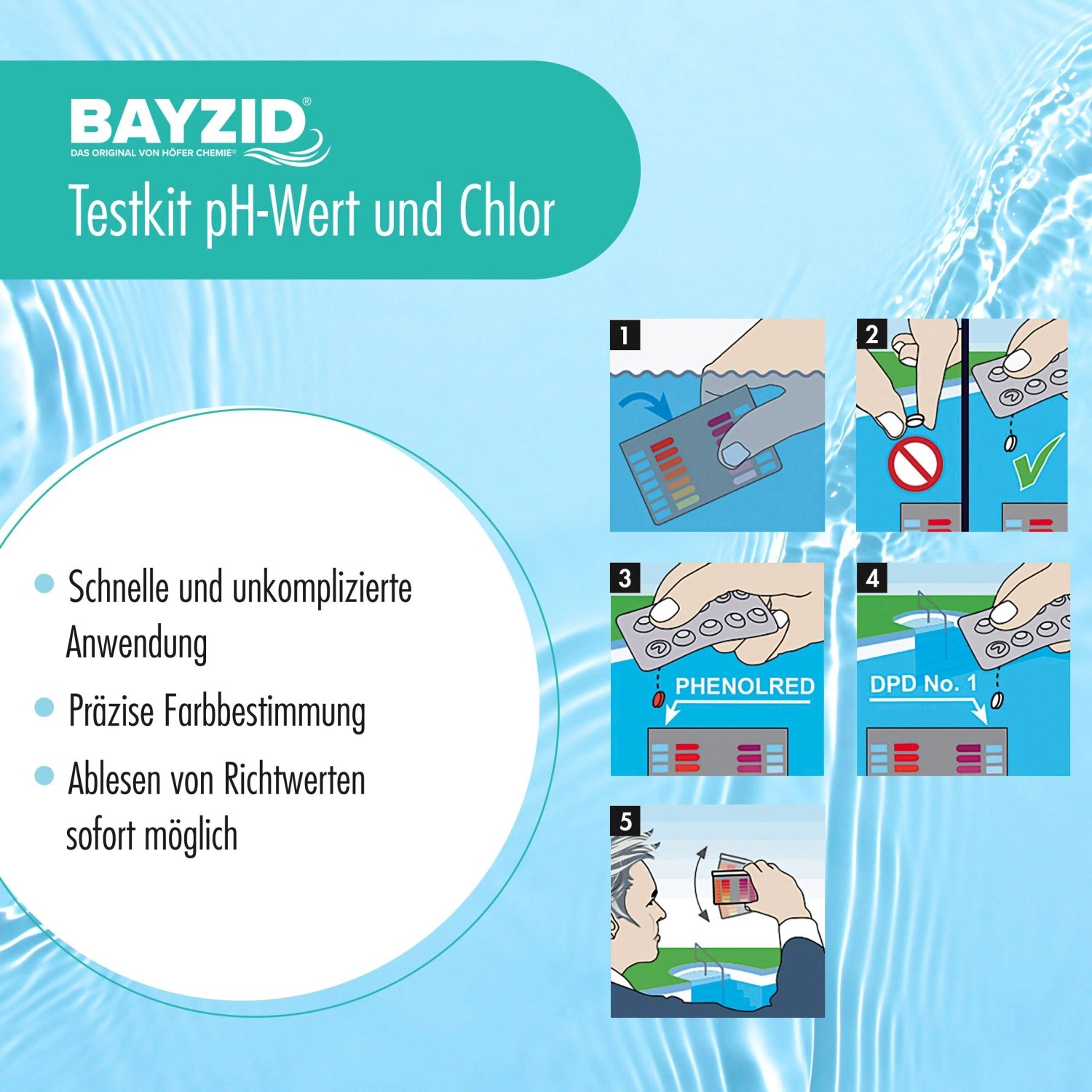 Höfer Chemie Pooltester: Test-Kit zur Messung von Chlorgehalt und pH-Wert mit Reagenztabletten.