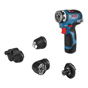 Bosch Professional Akku-Bohrschrauber GSR 12V-35 Flexi Click mit vier Aufsätzen für Schraub- und Bohrarbeiten.