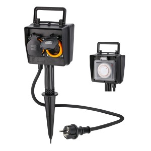Hama Außensteckdose mit 2-fach Stecker, Zeitschaltuhr und Erdspieß, wetterfest.