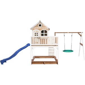 Axi Liam Spielhaus mit Nestschaukel, Rutsche blau, Sandkasten, Holz braun-weiß.